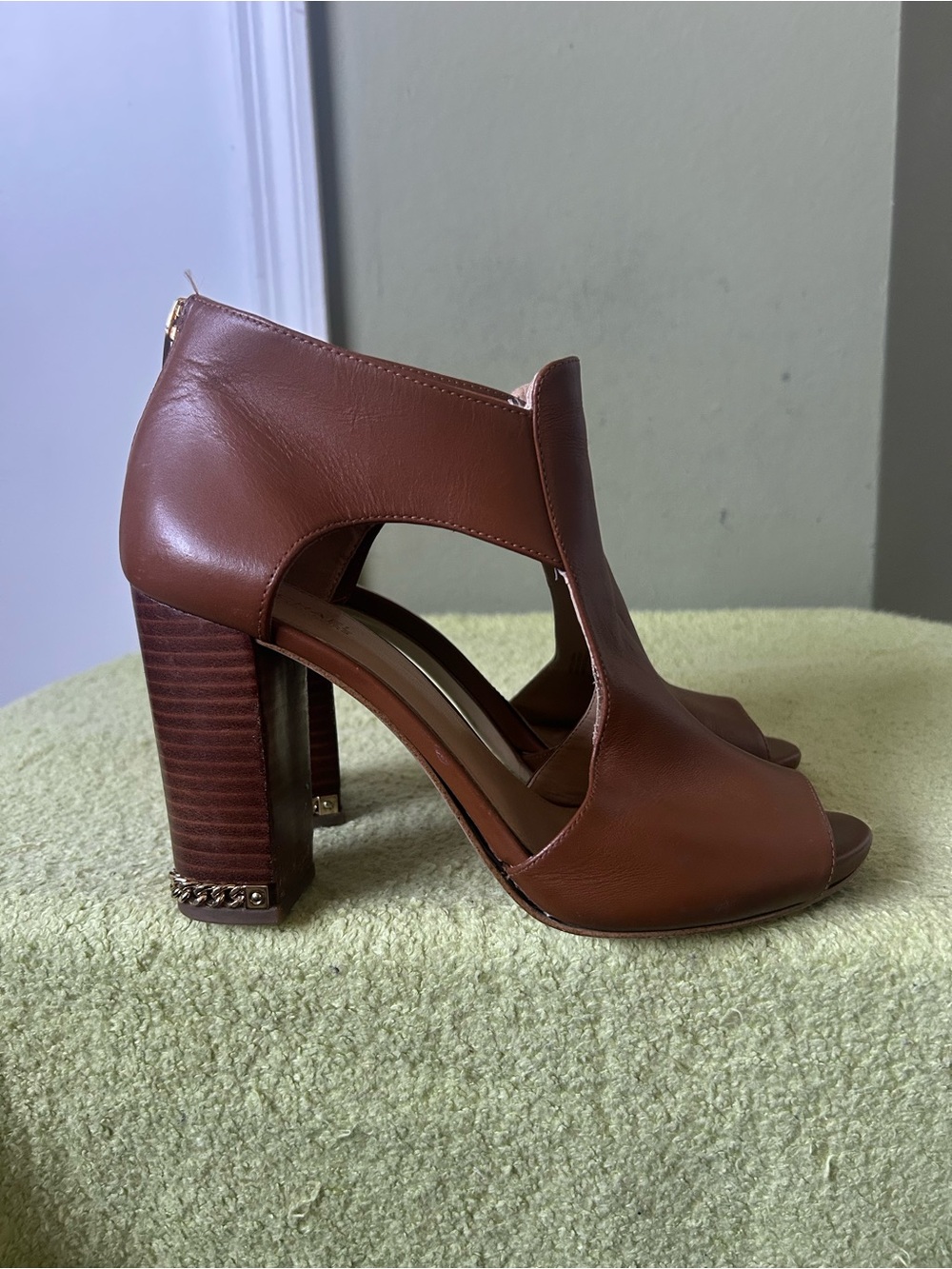 Michael Kors Chestnut Brown Leather Peep-Toe Block Heel Sandals